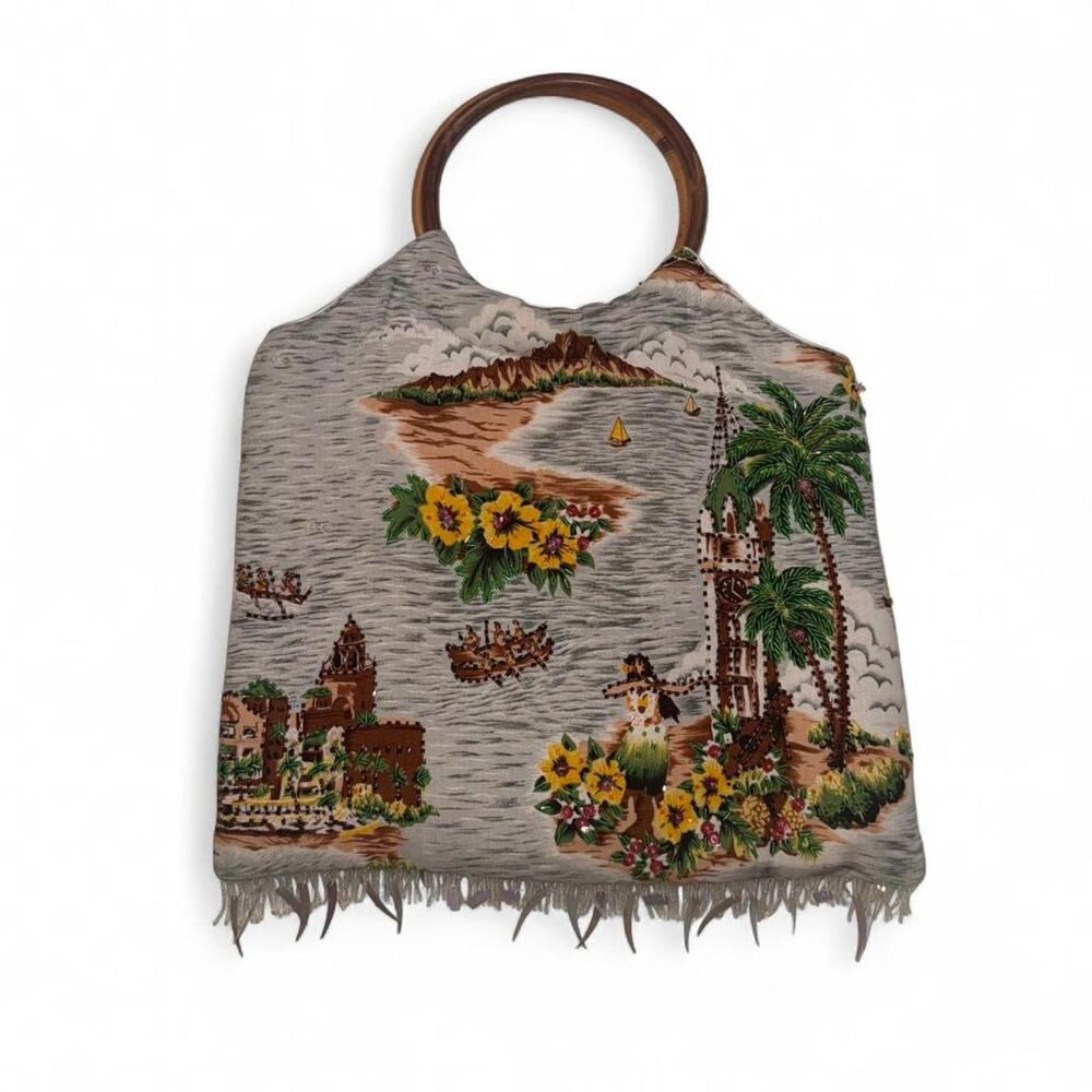 Vintage Baik Baik Honolulu Hula Beaded Purse Bamboo Handle Tropical Handbag Med